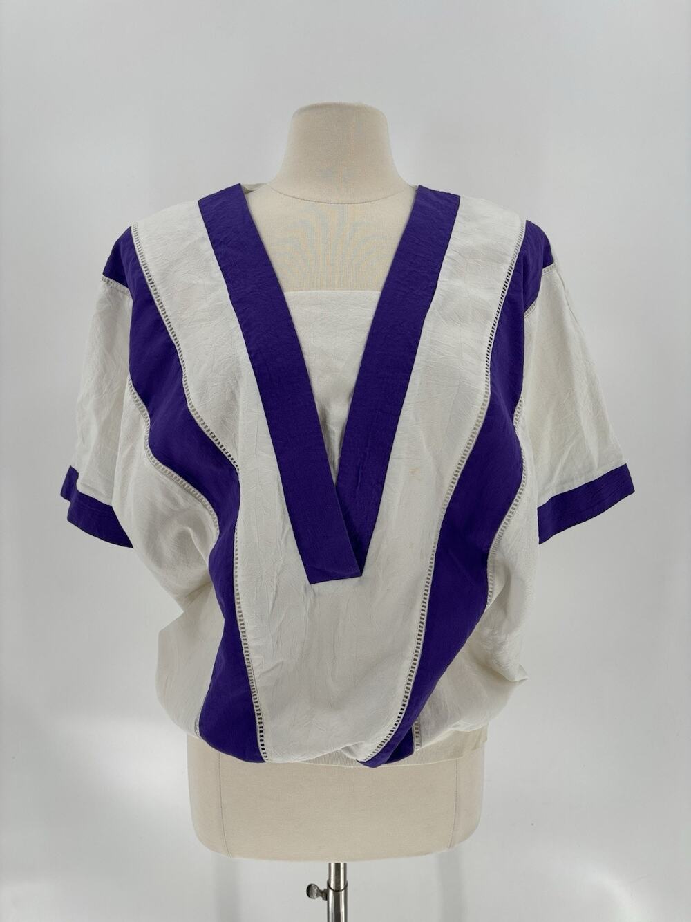 Vintage 80s Regal Shirt Womens 1X White Purple Striped Retro Sheer V Neck Top